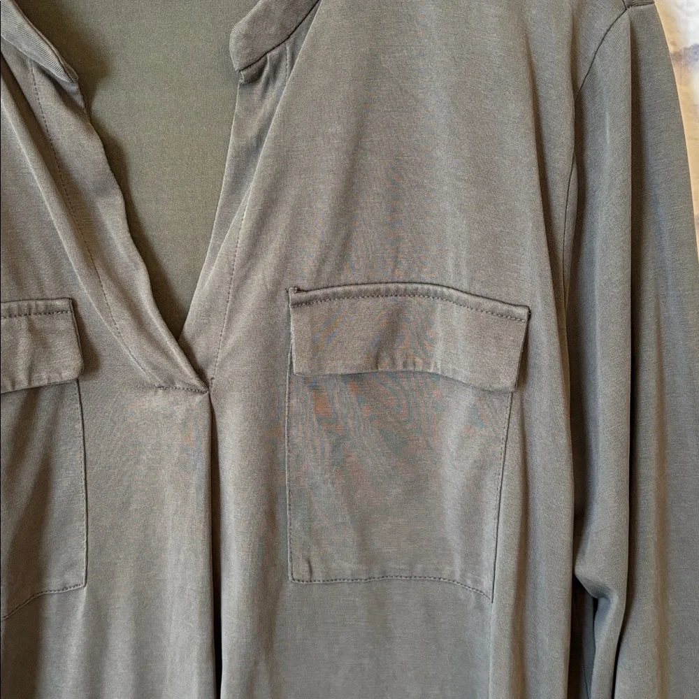 A New Day Long Sleeve Blouse Top Neutral Olive Green V Neck Soft Size Large